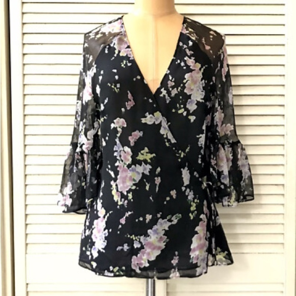 Lauren Ralph Lauren Black and Pink Asymmetrical Ruffled Blouse